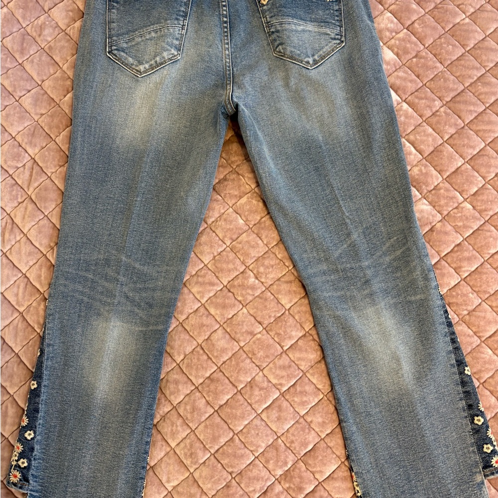 DRIFTWOOD Blue Embroidered Flare Jeans with Floral Trim - Picture 2 of 7
